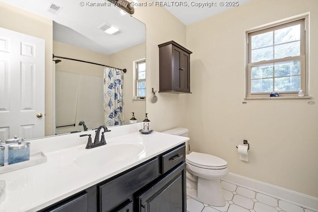 bathroom with toilet, baseboards, visible vents, and vanity