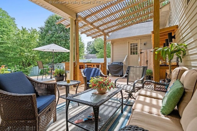 exterior space featuring an outdoor hangout area, a patio, and a pergola