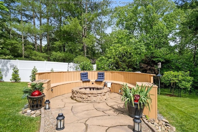 view of patio / terrace featuring an outdoor fire pit and fence