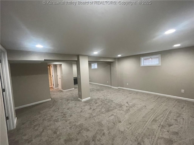 basement featuring carpet floors, recessed lighting, and baseboards