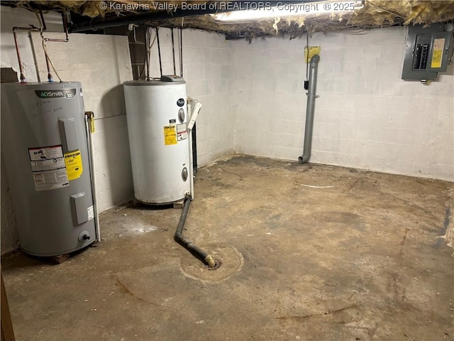 unfinished below grade area with electric panel, water heater, and electric water heater