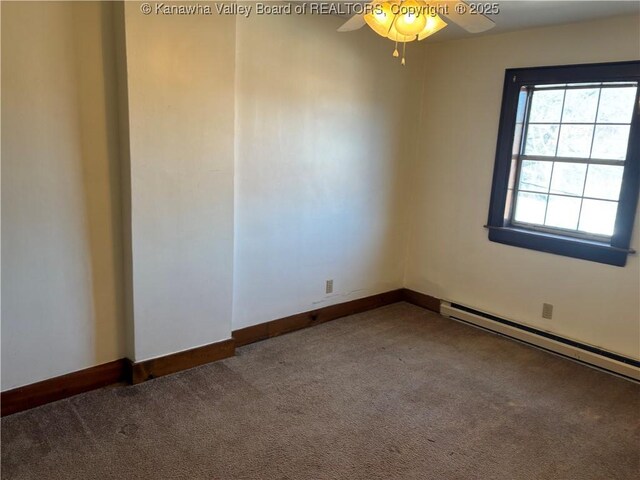 carpeted empty room with baseboards, ceiling fan, and baseboard heating