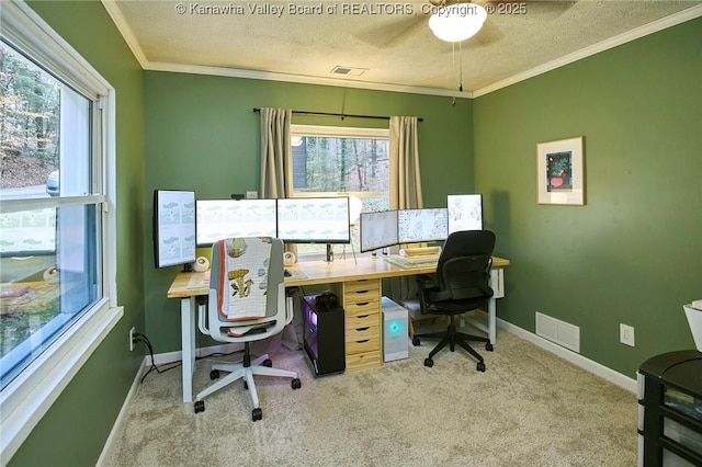 carpeted office space with baseboards, visible vents, ornamental molding, and a textured ceiling