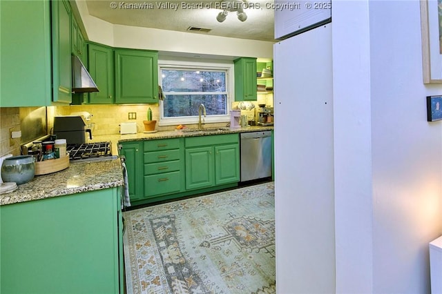 kitchen featuring a sink, dishwasher, and green cabinetry