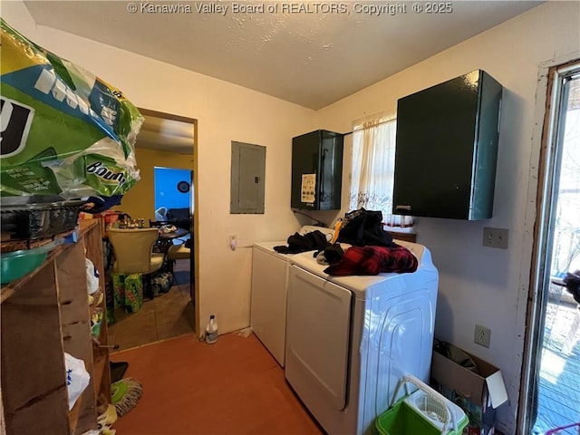 clothes washing area with laundry area, washing machine and clothes dryer, and electric panel