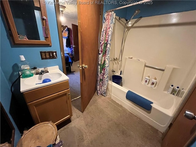 bathroom featuring shower / bath combination with curtain and vanity