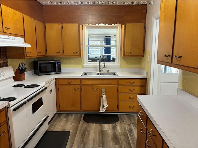 kitchen featuring electric range, stainless steel microwave, light countertops, under cabinet range hood, and a sink