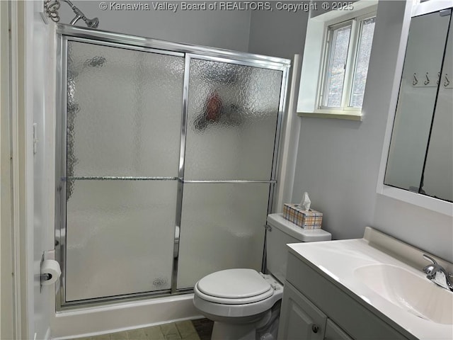 full bath with toilet, a stall shower, and vanity