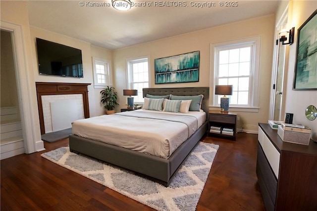 bedroom featuring multiple windows, dark wood finished floors, and baseboards