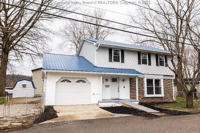 view of front facade featuring brick siding, concrete driveway, an attached garage, fence, and metal roof