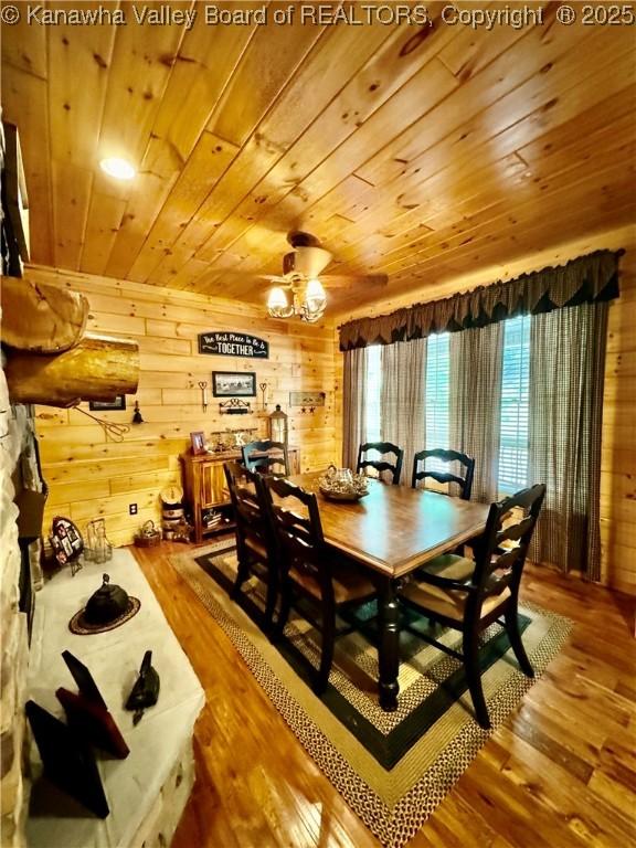 2299 Striker Fork Rd, Chapmanville, WV 25508 - dining space with wood ceiling, wooden walls, and wood finished floors