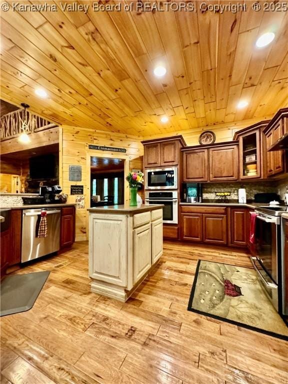 2299 Striker Fork Rd, Chapmanville, WV 25508 - kitchen featuring wood ceiling, glass insert cabinets, appliances with stainless steel finishes, light wood-style floors, and a kitchen island
