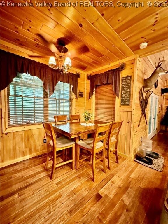 2299 Striker Fork Rd, Chapmanville, WV 25508 - dining area featuring hardwood / wood-style floors, a notable chandelier, wooden walls, and wood ceiling