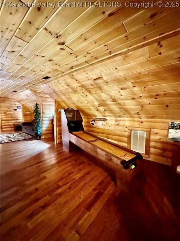 2299 Striker Fork Rd, Chapmanville, WV 25508 - bonus room featuring rustic walls, wood finished floors, visible vents, wood ceiling, and lofted ceiling