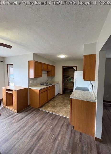 kitchen with light countertops, brown cabinetry, ceiling fan, wood finished floors, and white appliances