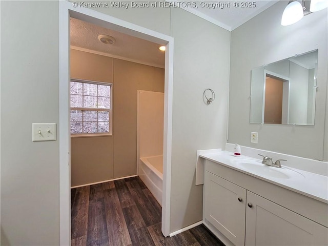 bathroom with wood finished floors and vanity