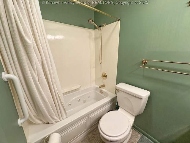 full bath with a combined bath / shower with jetted tub and toilet