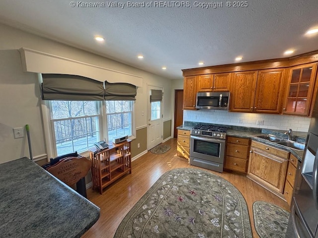 kitchen with light wood finished floors, brown cabinets, backsplash, stainless steel appliances, and a sink