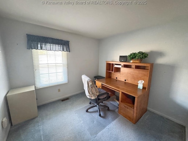 home office featuring carpet, visible vents, and baseboards