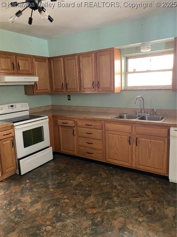 kitchen featuring white electric range oven, light countertops, a ceiling fan, a sink, and under cabinet range hood