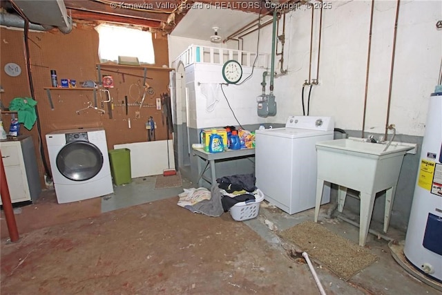 laundry room with laundry area, electric water heater, and washing machine and clothes dryer