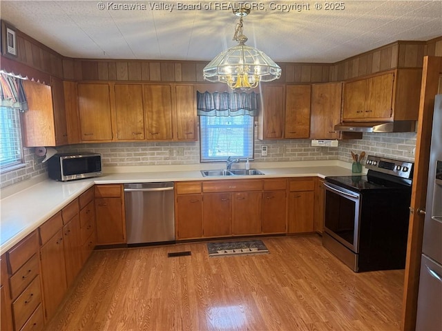 kitchen featuring stainless steel appliances, a sink, a wealth of natural light, and light wood-style floors