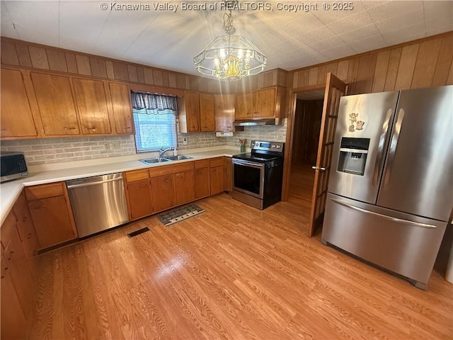 kitchen with brown cabinets, light wood finished floors, appliances with stainless steel finishes, a sink, and under cabinet range hood