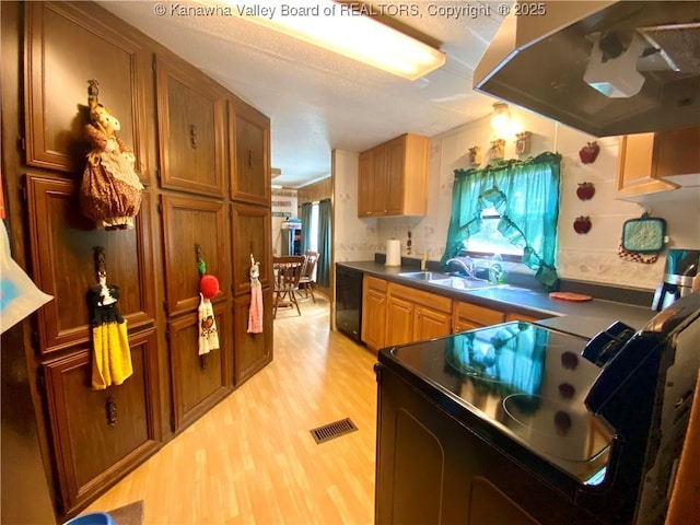 kitchen with brown cabinets, light wood-type flooring, black appliances, a sink, and exhaust hood