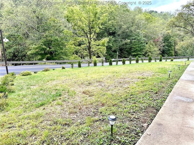 view of yard with a forest view