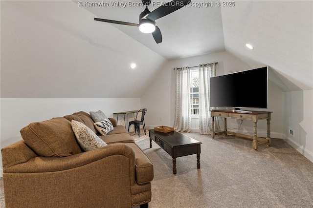 carpeted living area with a ceiling fan, lofted ceiling, and baseboards