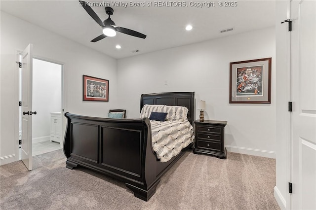 bedroom with baseboards, carpet, visible vents, and recessed lighting