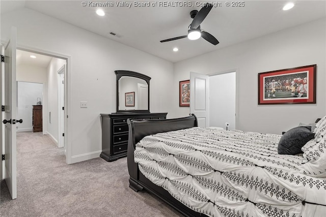 bedroom featuring recessed lighting, visible vents, baseboards, and light colored carpet