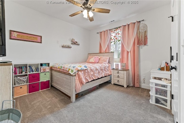 bedroom featuring ceiling fan, carpet flooring, and visible vents