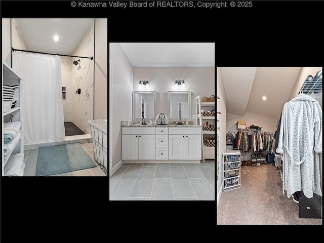 bathroom featuring a bathtub, a walk in closet, recessed lighting, vanity, and a shower with curtain