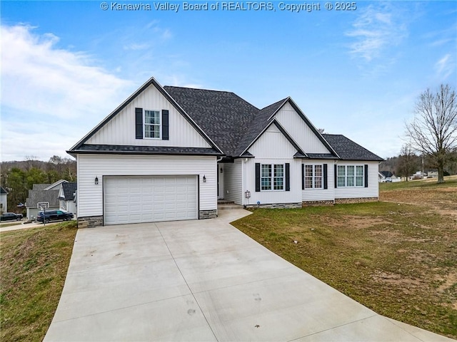 modern farmhouse style home with driveway, a shingled roof, an attached garage, and a front yard