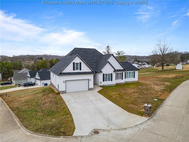 view of front of home with roof with shingles, concrete driveway, an attached garage, board and batten siding, and a front lawn