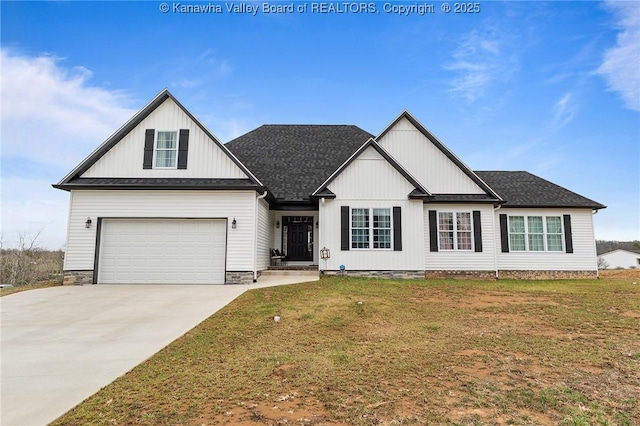 view of front facade featuring a garage, a front yard, concrete driveway, and a shingled roof