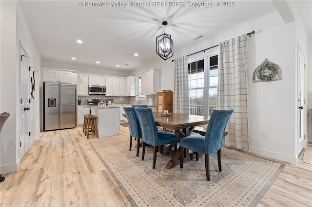 dining room with baseboards, recessed lighting, visible vents, and light wood-style floors