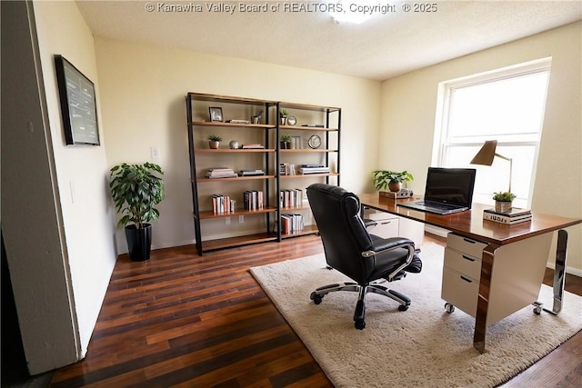 office featuring dark wood-style flooring and baseboards