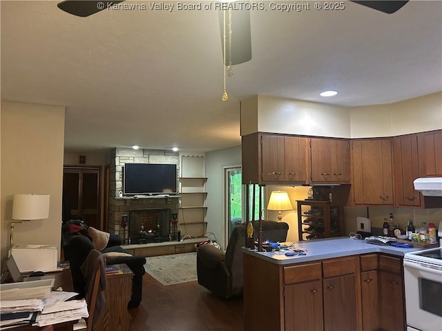 4915 Chesterfield Ave, Charleston, WV 25304 - kitchen featuring open floor plan, white electric range, wood finished floors, a large fireplace, and under cabinet range hood