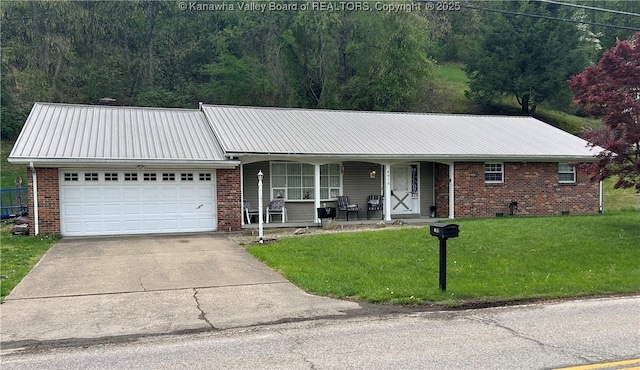 4915 Chesterfield Ave, Charleston, WV 25304 - ranch-style home with an attached garage, a porch, a front lawn, and metal roof