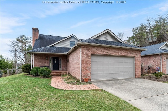 single story home featuring a garage, a front yard, brick siding, and driveway