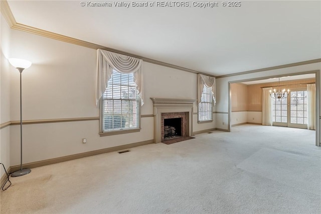 unfurnished living room featuring a fireplace with flush hearth, visible vents, crown molding, and carpet flooring