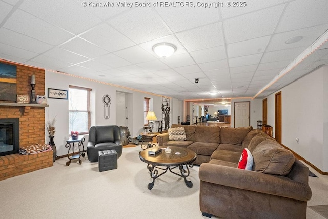 carpeted living room featuring a drop ceiling, a fireplace, and baseboards