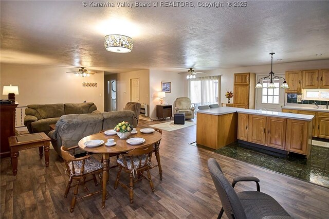 dining room featuring a textured ceiling, dark wood-type flooring, and a ceiling fan