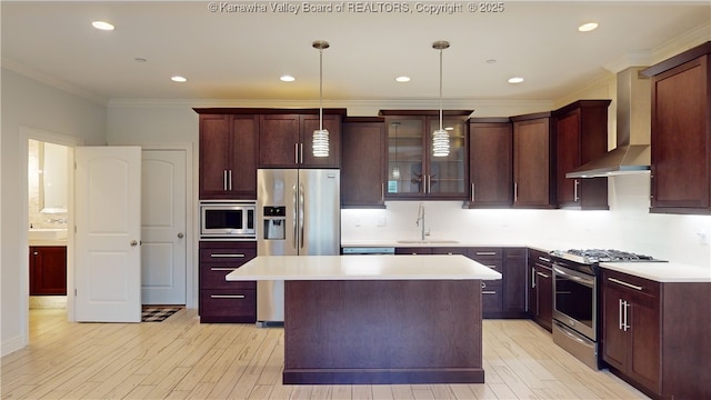 kitchen with wall chimney exhaust hood, stainless steel appliances, crown molding, light countertops, and a sink