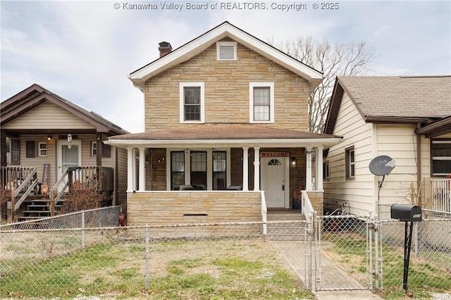 view of front of house featuring a fenced front yard, covered porch, stone siding, a gate, and a chimney