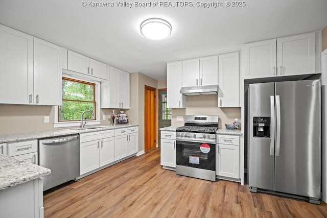 kitchen featuring under cabinet range hood, white cabinets, appliances with stainless steel finishes, and a sink