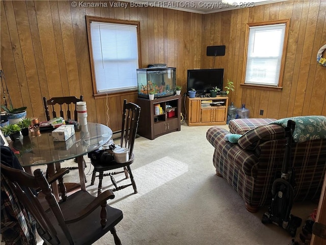 living room featuring wooden walls and light colored carpet