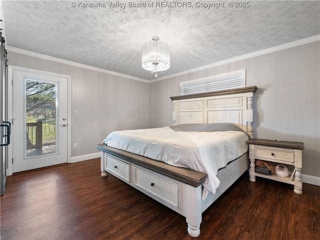 bedroom featuring access to exterior, crown molding, and wood finished floors